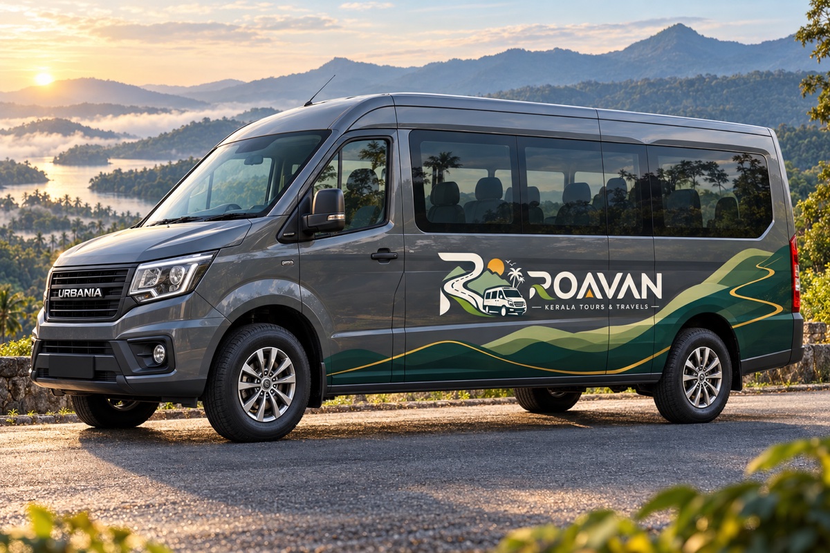 ROAVAN-branded Urbania 16-seater advertising concept on a Kerala hill road